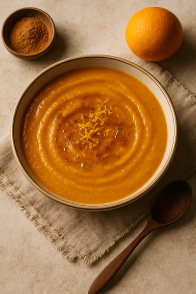 Geroosterde pompoensoep met speculaaskruiden en sinaasappel